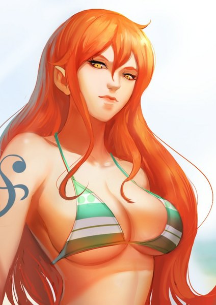 Anime picture 600x848 with one piece toei animation nami (one piece) narongchai singhapand single long hair tall image breasts light erotic simple background large breasts orange hair orange eyes tattoo looking down girl bikini top