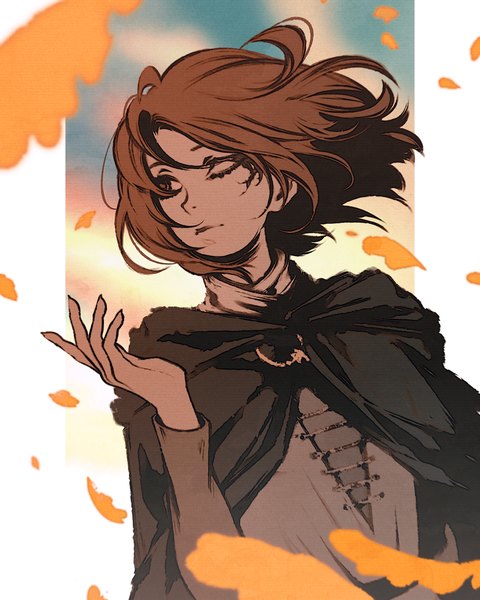 Anime picture 864x1080 with elden ring melina (elden ring) moshimoshibe single tall image short hair brown hair brown eyes looking away upper body long sleeves one eye closed wind dutch angle outside border pillarboxed girl leaf (leaves) cloak autumn leaves