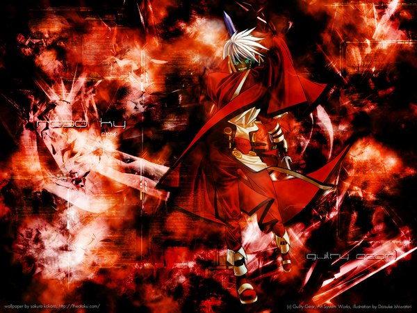 Anime picture 1024x768 with guilty gear isuka guilty gear robo-ky short hair green eyes white hair red background boy sword cloak suit robot
