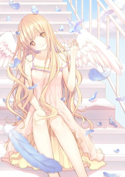 Anime picture 868x1227 with original nana mikoto single long hair tall image looking at viewer blush blonde hair smile sitting bare shoulders yellow eyes sky cloud (clouds) depth of field angel wings girl dress animal wings