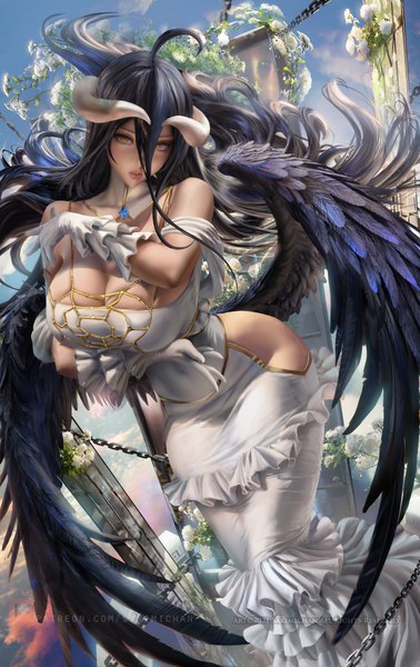 Anime picture 2268x3600 with overlord (maruyama) madhouse albedo (overlord) sakimichan single tall image looking at viewer fringe highres breasts light erotic black hair hair between eyes large breasts yellow eyes sky cloud (clouds) ahoge outdoors horn (horns)