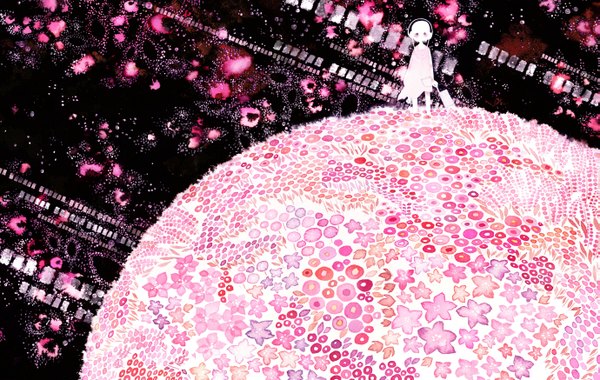 Anime picture 2757x1748 with original yoshida yoshitsugi single blush highres short hair purple eyes white hair girl dress flower (flowers) white dress headphones planet