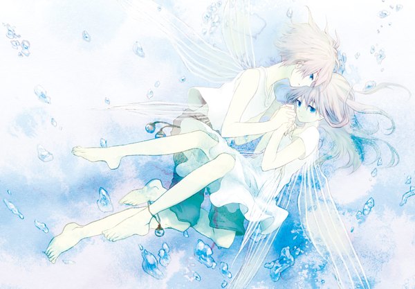 Anime picture 1800x1251 with original sugi (artist) highres short hair blue eyes blonde hair profile barefoot couple holding hands flying girl dress boy wings bubble (bubbles)