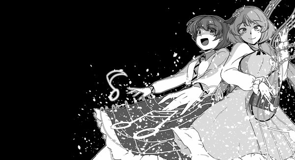 Anime picture 1980x1080 with touhou tsukumo benben tsukumo yatsuhashi sunatoshi long hair looking at viewer highres short hair open mouth simple background smile wide image multiple girls long sleeves mole sparkle wallpaper mole under eye black background monochrome