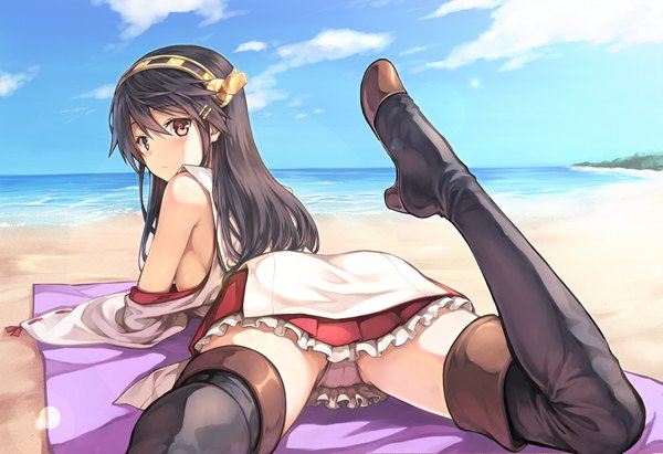 Anime picture 1400x960 with kantai collection haruna battleship hiten (hitenkei) single long hair looking at viewer blush fringe breasts light erotic hair between eyes brown eyes lying traditional clothes japanese clothes looking back grey hair no bra pantyshot beach