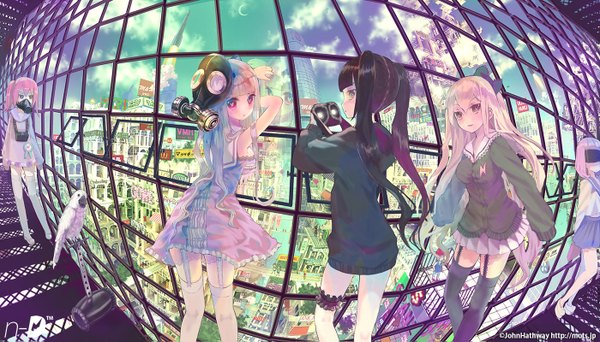 Anime picture 1400x799 with original john hathway long hair blush black hair wide image twintails multiple girls holding pink hair white hair pleated skirt grey eyes turning head city symbol-shaped pupils cityscape scenic logo fisheye