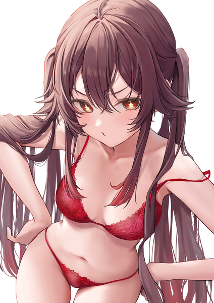 Anime picture 2894x4093 with genshin impact hu tao (genshin impact) huziko32 single long hair tall image looking at viewer fringe highres breasts light erotic simple background brown hair standing white background twintails brown eyes payot underwear only symbol-shaped pupils