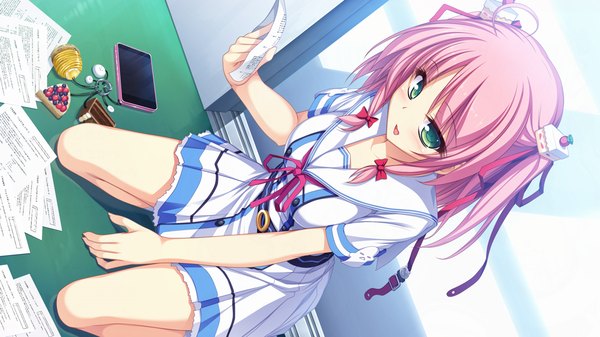 Anime picture 1280x720 with g.i.b. girls in black kurokawa yukano tenmaso single short hair open mouth wide image green eyes pink hair game cg girl uniform hair ornament ribbon (ribbons) hair ribbon school uniform mobile phone paper