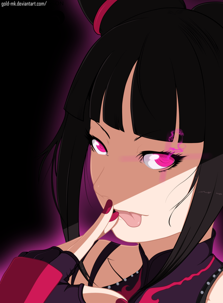 Anime picture 1927x2616 with street fighter han juri gold-mk single long hair tall image highres black hair nail polish pink eyes coloring glowing finger to mouth black background close-up glowing eye (eyes) red nail polish emo girl tongue