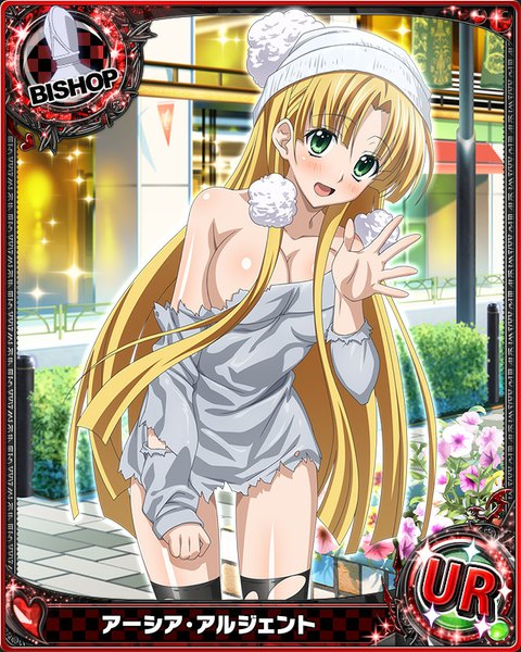Anime-Bild 640x800 mit highschool dxd asia argento single long hair tall image looking at viewer blush breasts open mouth light erotic blonde hair green eyes torn clothes card (medium) girl thighhighs flower (flowers) black thighhighs cap clothes