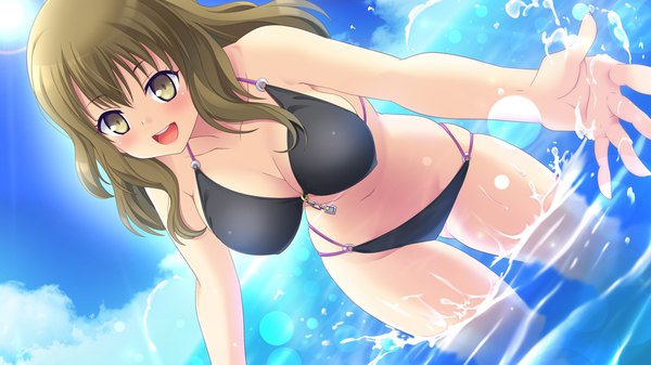 Anime picture 1280x720 with kanojo step single long hair looking at viewer blush open mouth light erotic brown hair wide image brown eyes game cg sky cloud (clouds) girl navel swimsuit bikini water black bikini