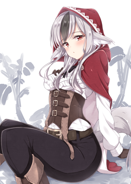 Anime picture 600x840 with fire emblem fire emblem fates nintendo velour (fire emblem if) jiino single long hair tall image looking at viewer blush fringe light erotic black hair simple background red eyes white background sitting animal ears silver hair bent knee (knees)