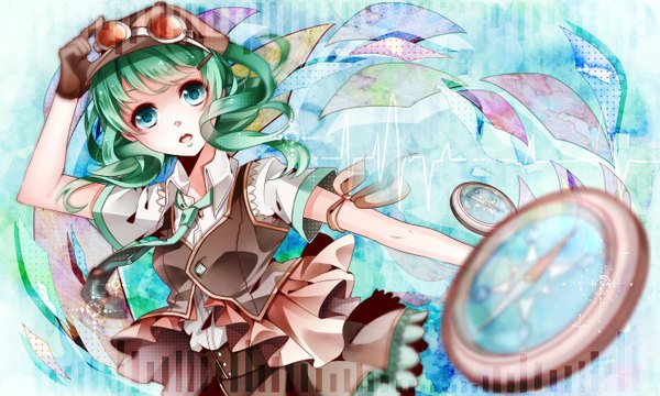 イラスト 1500x900 と ボーカロイド gumi のう ソロ 短い髪 開いた口 wide image aqua eyes green hair 女の子 手袋 ネクタイ キャップ ゴーグル compass