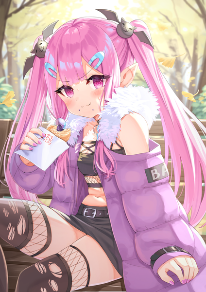 Anime picture 1447x2047 with original tsukiman single long hair tall image looking at viewer blush light erotic smile sitting twintails holding payot pink hair outdoors long sleeves nail polish pink eyes fingernails pointy ears