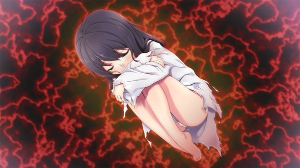 Anime picture 1280x720 with tsuisou no augment tagme (character) hinasaki you long hair black hair wide image game cg eyes closed legs girl