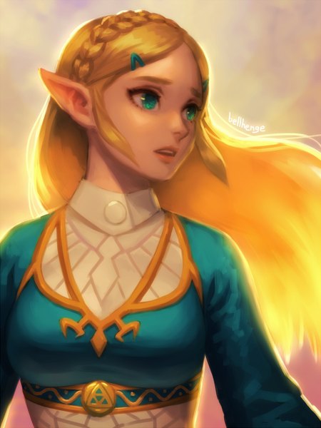 Anime picture 600x800 with the legend of zelda the legend of zelda: breath of the wild nintendo princess zelda bellhenge single long hair tall image open mouth simple background blonde hair green eyes signed payot looking away upper body braid (braids) wind pointy ears elf