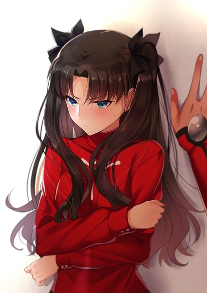 Anime picture 920x1300 with fate (series) fate/stay night toosaka rin archer (fate) yaoshi jun long hair tall image blush fringe blue eyes hair between eyes brown hair looking away upper body two side up embarrassed solo focus sweatdrop holding arm girl