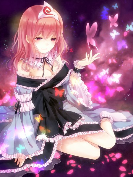 Anime picture 675x900 with touhou saigyouji yuyuko nunucco single tall image blush fringe short hair sitting bare shoulders pink hair cleavage pink eyes no shoes looking down adapted costume girl dress hair ornament socks