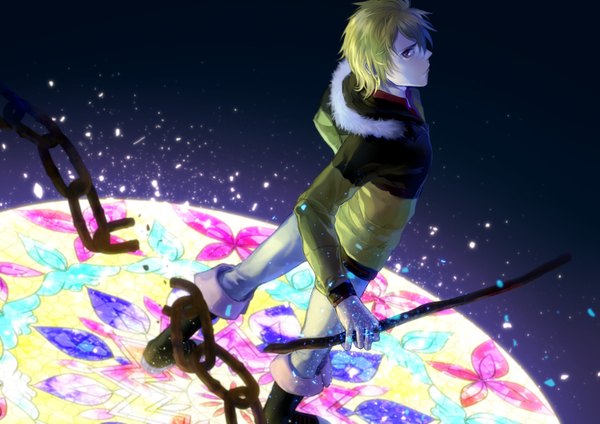 Anime picture 1500x1060 with zetsuen no tempest studio bones fuwa mahiro rowya single looking at viewer short hair blonde hair red eyes standing holding profile from behind back dark background destruction boy jacket chain fireflies