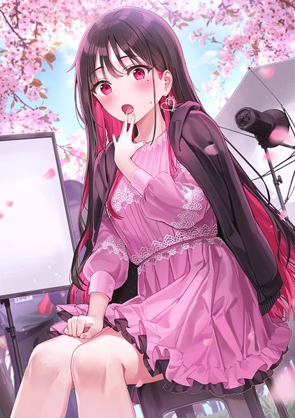 Anime picture 636x900 with original rangu single long hair tall image looking at viewer blush fringe breasts open mouth hair between eyes red eyes brown hair sitting payot pink hair sky bent knee (knees) outdoors long sleeves