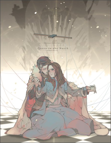 Anime picture 1200x1551 with a song of ice and fire sansa stark petyr baelish wavesheep long hair tall image blush short hair brown hair sitting inscription holding hands checkered floor girl dress boy cape blue dress thread