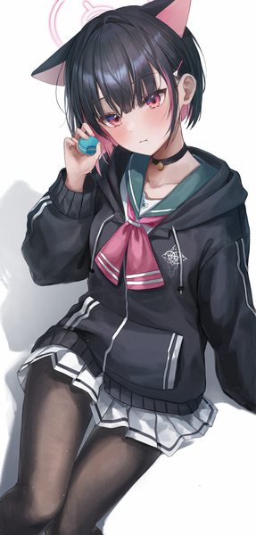 Anime picture 2598x5433 with blue archive kazusa (blue archive) myowa single tall image looking at viewer blush fringe highres short hair black hair simple background red eyes white background sitting holding animal ears long sleeves head tilt pleated skirt