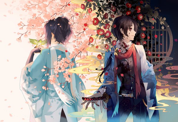 Anime picture 1000x685 with touken ranbu nitroplus kashuu kiyomitsu yamato no kami yasusada instockee long hair tall image red eyes brown hair holding looking away traditional clothes parted lips japanese clothes profile from behind multiple boys cherry blossoms sheathed blood on face