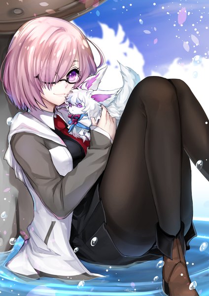 Anime picture 700x990 with fate (series) fate/grand order mash kyrielight fou (fate) mamo (fortune-mm) single tall image looking at viewer fringe short hair light erotic sitting purple eyes pink hair hair over one eye girl pantyhose glasses black pantyhose water drop