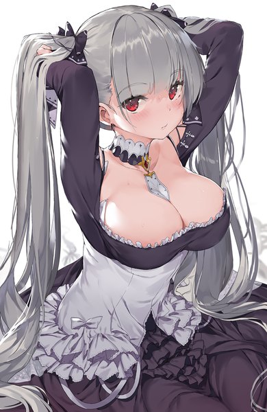 Anime picture 650x1000 with azur lane formidable (azur lane) nauribon single tall image looking at viewer blush fringe breasts light erotic simple background red eyes large breasts white background sitting twintails cleavage silver hair blunt bangs very long hair