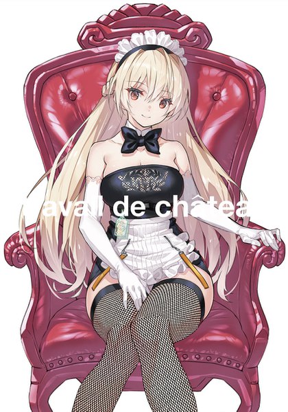 Anime picture 853x1217 with original saitom single long hair tall image looking at viewer fringe breasts simple background blonde hair smile hair between eyes large breasts white background sitting bare shoulders brown eyes payot head tilt maid