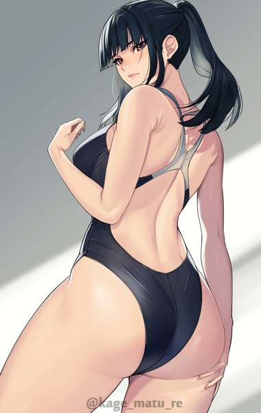 Anime picture 1816x2865 with original kagematsuri single long hair tall image looking at viewer fringe highres breasts light erotic black hair simple background standing brown eyes signed payot ponytail blunt bangs from behind mole