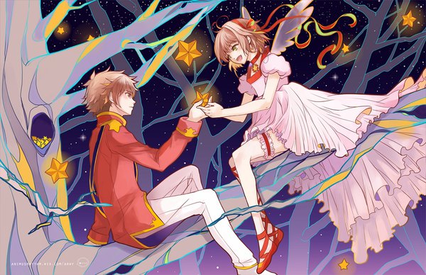 Anime picture 1050x680 with card captor sakura clamp kinomoto sakura li xiaolang ox-miruku short hair brown hair sitting brown eyes green eyes profile night night sky couple holding hands face to face girl dress boy ribbon (ribbons)