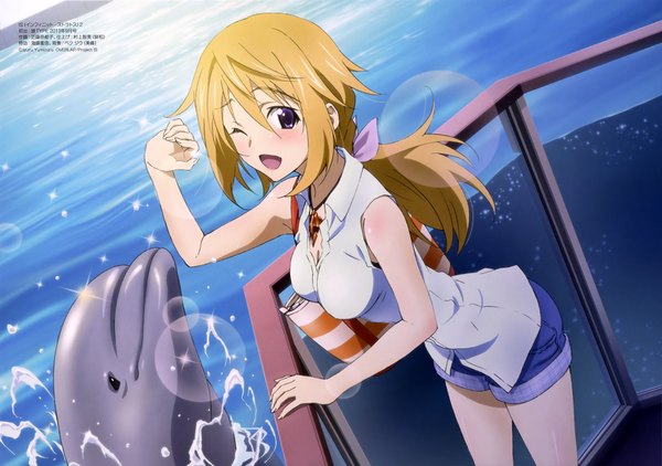 Anime picture 4086x2880 with infinite stratos 8bit nyantype charles dunois kondou natsuko single long hair blush highres open mouth blonde hair purple eyes absurdres one eye closed wink official art girl animal shorts sea