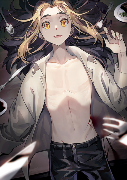 Anime picture 700x993 with tokyo revengers hanemiya kazutora sal single long hair tall image looking at viewer open mouth black hair blonde hair yellow eyes lying :d multicolored hair from above mole two-tone hair on back open shirt streaked hair