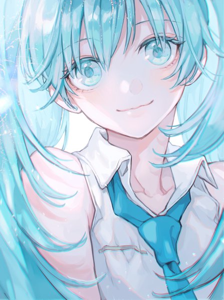 Anime picture 989x1327 with vocaloid hatsune miku makoto (roketto-massyumaro) single long hair tall image looking at viewer fringe hair between eyes bare shoulders aqua eyes light smile aqua hair girl necktie
