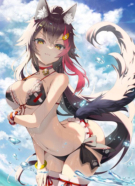 Anime picture 794x1096 with virtual youtuber hololive ookami mio kubota masaki single long hair tall image looking at viewer fringe breasts light erotic black hair hair between eyes large breasts animal ears sky cloud (clouds) ponytail tail animal tail