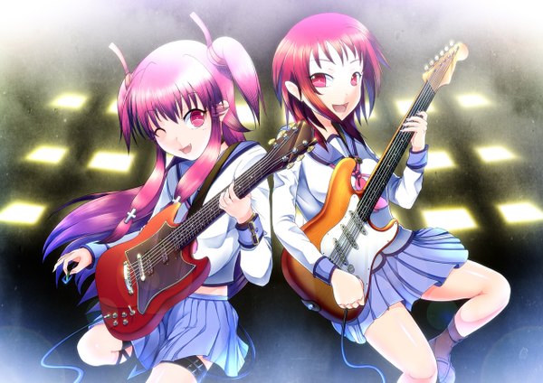 Anime picture 1280x905 with angel beats! key (studio) yui (angel beats!) iwasawa masami sai-caster (artist) long hair looking at viewer short hair open mouth smile red eyes multiple girls pink hair red hair pleated skirt one eye closed wink teeth fang (fangs) two side up