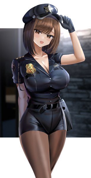 Anime picture 2104x4096 with original hanasaka houcha single tall image fringe highres short hair breasts open mouth light erotic brown hair large breasts standing brown eyes cleavage head tilt :d blurry mole short sleeves
