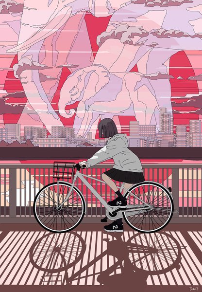 Anime picture 1000x1443 with original seraphitalg single tall image short hair black hair full body outdoors shadow girl animal shoes building (buildings) ground vehicle sneakers railing bicycle elephant