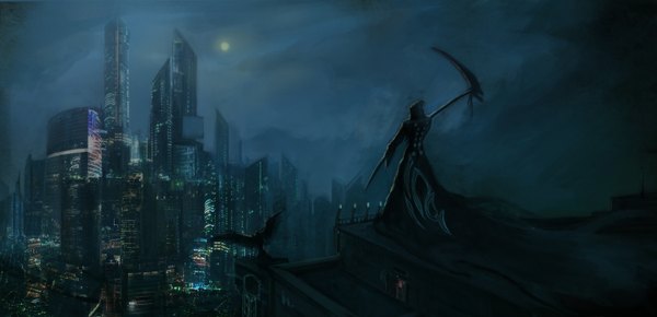 Anime picture 3000x1452 with original aimmort (artist) highres wide image night city city lights scythe skyscraper crow