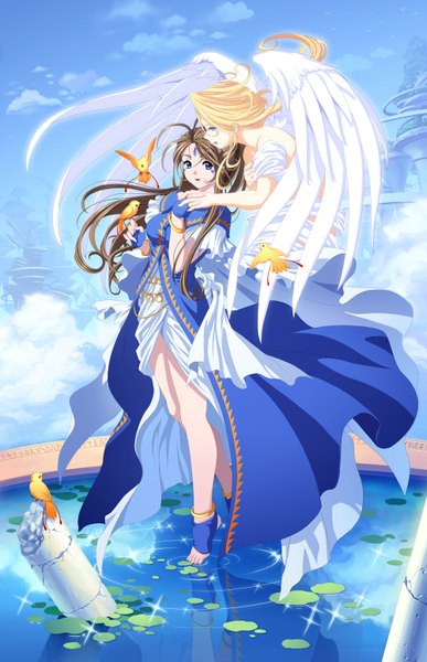 Anime picture 1000x1547 with aa megami-sama anime international company belldandy holy bell diamond dust long hair tall image open mouth blue eyes blonde hair brown hair multiple girls sky cloud (clouds) girl dress 2 girls animal wings water