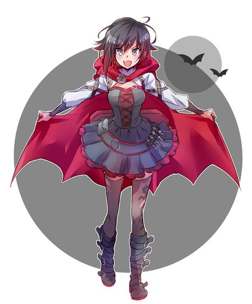 イラスト 1192x1440 と rwby rooster teeth dc comics ruby rose бэтвумен いえすぱ ソロ 長身像 カメラ目線 短い髪 開いた口 黒髪 simple background 立つ 全身 赤髪 long sleeves :d gradient hair frilled dress