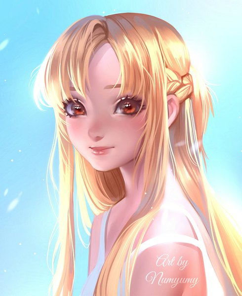 Anime picture 800x979 with sword art online a-1 pictures yuuki asuna numyumy single long hair tall image looking at viewer blush fringe blonde hair smile brown eyes signed upper body braid (braids) portrait blue background backlighting girl