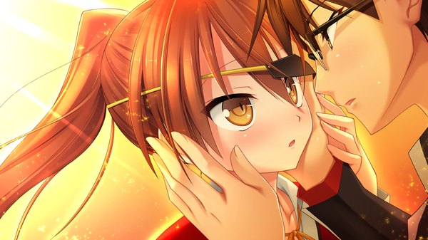 Anime picture 1280x720 with ryuusei no arcadia ogami izumi long hair blush fringe hair between eyes brown hair wide image yellow eyes game cg upper body ponytail long sleeves parted lips couple eye contact hands on another's face girl boy glasses