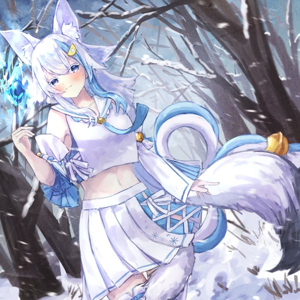 Anime picture 7016x7016 with virtual youtuber hololive ookami mio ookami mio (1st costume) yu hydra single long hair looking at viewer blush fringe highres blue eyes hair between eyes standing animal ears absurdres outdoors white hair tail animal tail