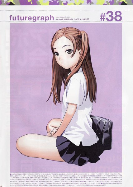 Anime picture 854x1200 with futuregraph range murata single long hair tall image looking at viewer fringe simple background sitting signed full body pleated skirt scan short sleeves copyright name one side up border dated pink background silver eyes