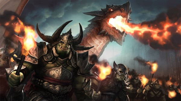 Anime picture 1200x675 with jason chan wide image yellow eyes horn (horns) army orc wings armor fire helmet dragon monster flame