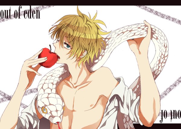 Anime picture 1566x1114 with vocaloid out of eden (vocaloid) kagamine len yuki (fuguneko) single short hair blue eyes blonde hair simple background white background inscription open clothes open shirt eating bite boy animal apple snake