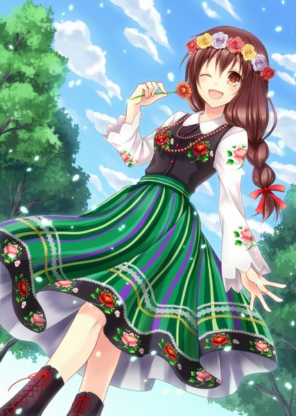 Anime picture 711x1000 with shikoku yonkyoudai chisa single long hair tall image looking at viewer blush open mouth brown hair brown eyes sky cloud (clouds) braid (braids) traditional clothes one eye closed wink polish clothes girl dress plant (plants)