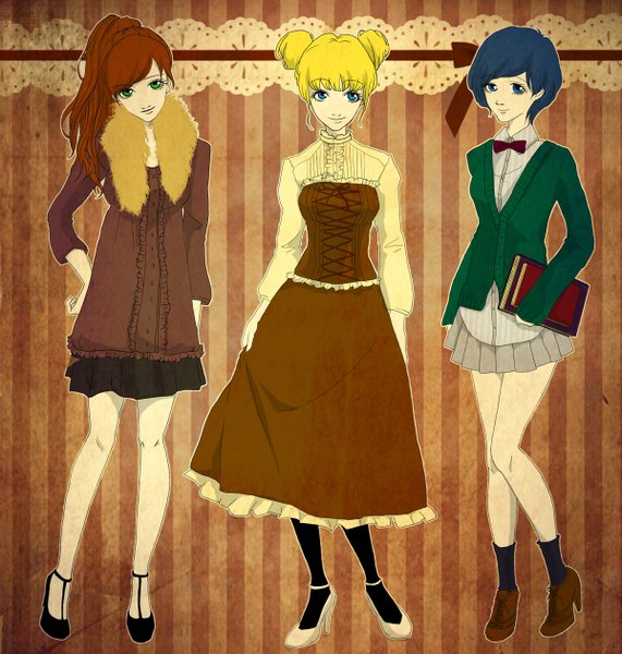 Anime picture 1200x1260 with bishoujo senshi sailor moon toei animation tsukino usagi kino makoto mizuno ami tall image looking at viewer short hair blue eyes blonde hair brown hair twintails multiple girls green eyes blue hair ponytail hand on hip group striped alternate hairstyle